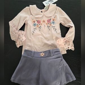 New Pink Floral Embroidered Set - Top with Lavender Corduroy Skort